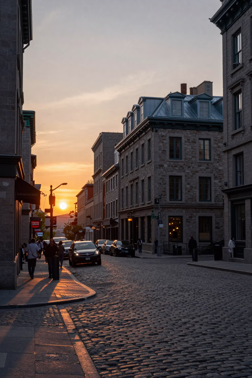 Montreal street scene at sunset with vintage 1980s architecture and pedestrians in in Montreal, Quebec, Canada