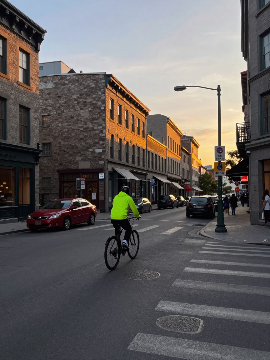 Montreal Street Scene at Sunset with Vintage Architecture and Urban Life in in Montreal, Quebec, Canada