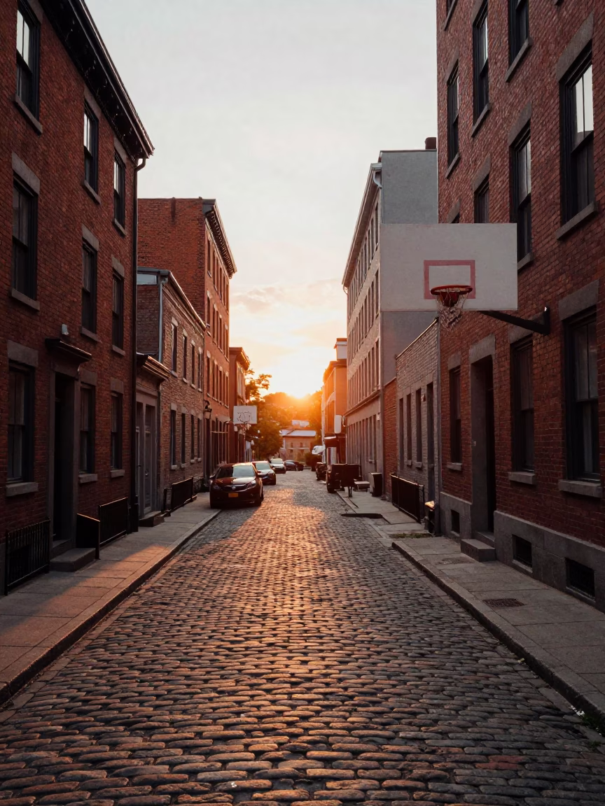 Montreal Street Scene at Sunset with Vintage Basketball and Urban Architecture in in Montreal, Quebec, Canada