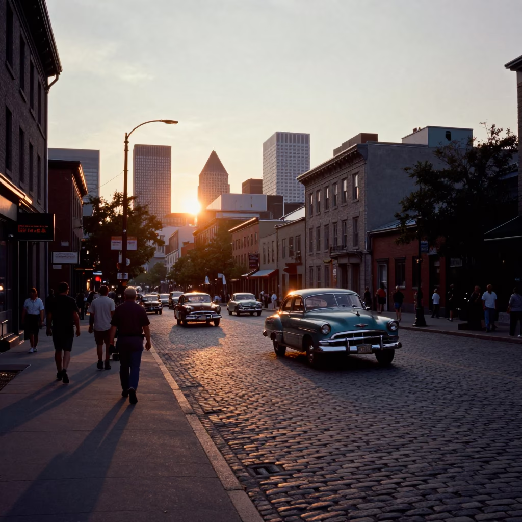 Montreal Street Scene at Sunset with Vintage Car Rally and Urban Details in in Montreal, Quebec, Canada