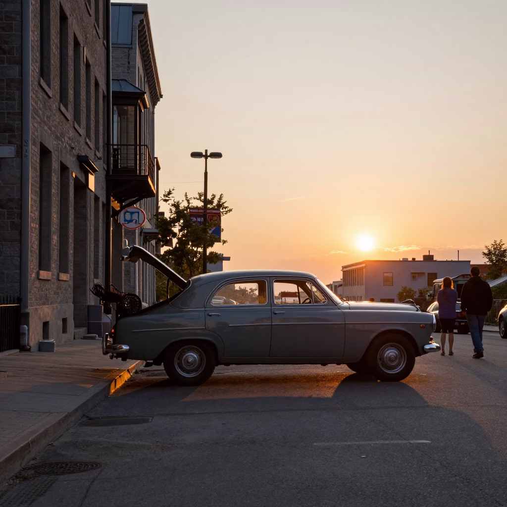 Montreal Street Scene at Sunset with Vintage Sedan and Decks in in Montreal, Quebec, Canada