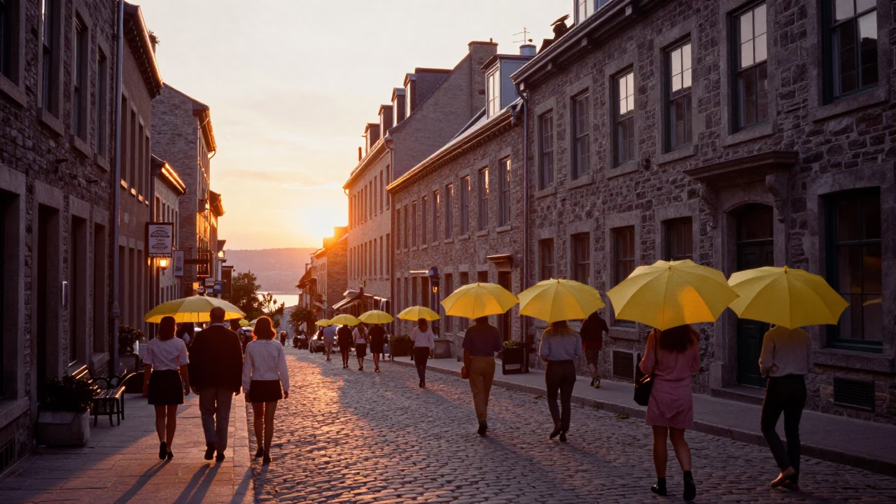 Montreal Street Scene at Sunset with Vintage Umbrellas and Urban Life in in Montreal, Quebec, Canada