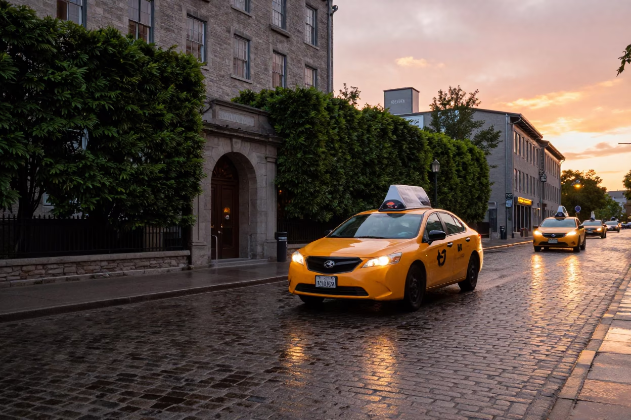 Montreal Street Scene at Sunset with Yellow Taxi and Boxwood Hedge in in Montreal, Quebec, Canada