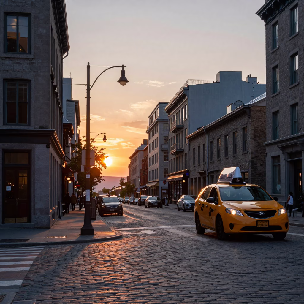 Montreal Street Scene at Sunset with Yellow Taxi and Brick Architecture in in Montreal, Quebec, Canada
