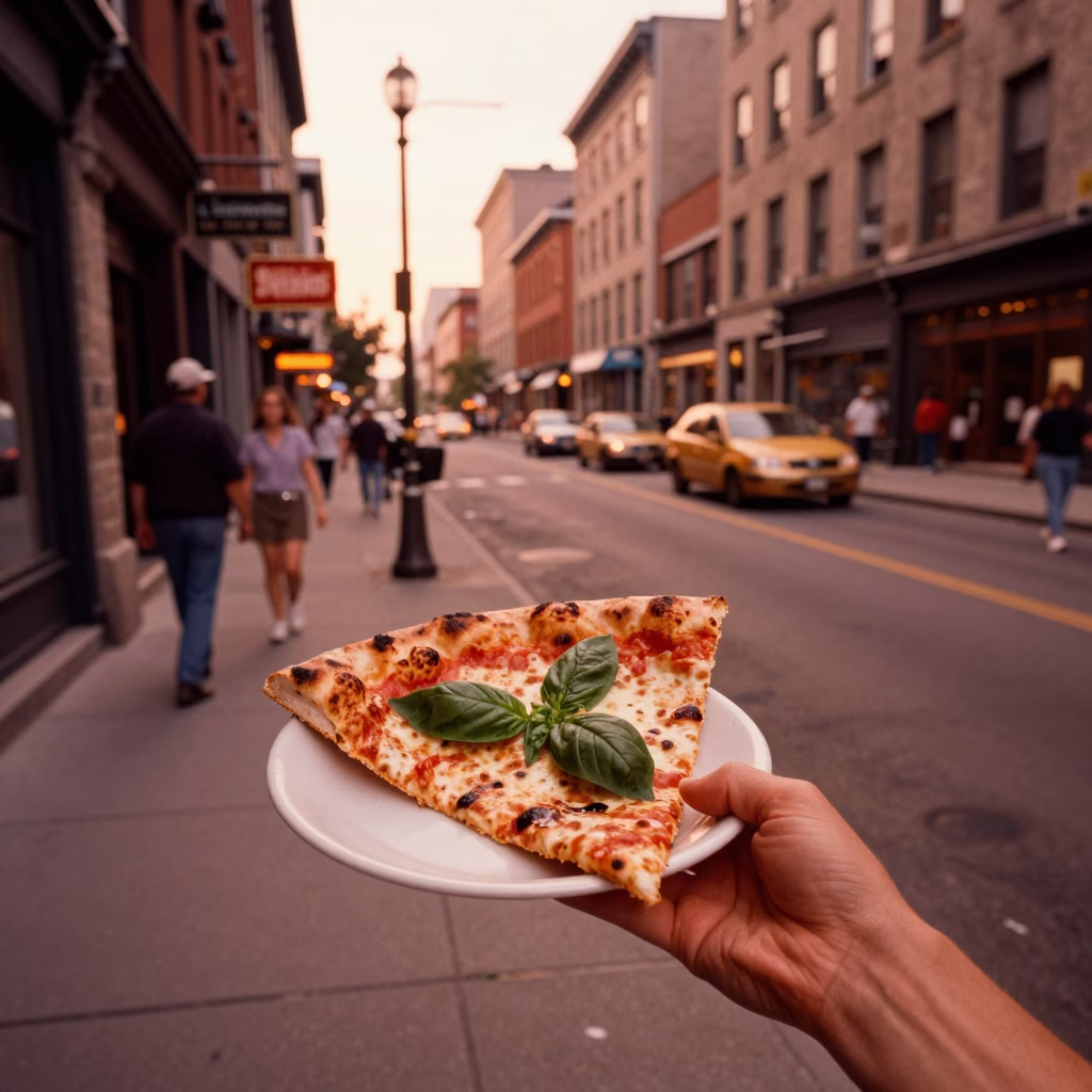 Montreal Street Scene Before Dusk with Pizza Slice and Kitchen Timer in in Montreal, Quebec, Canada