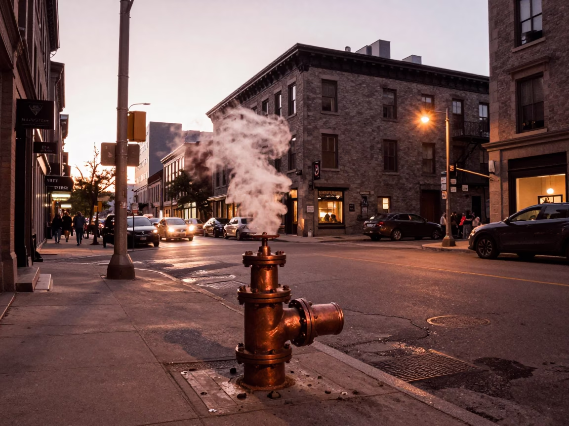 Montreal Street Scene Before Dusk with Steaming District Heating Pipe and String Lights in in Montreal, Quebec, Canada