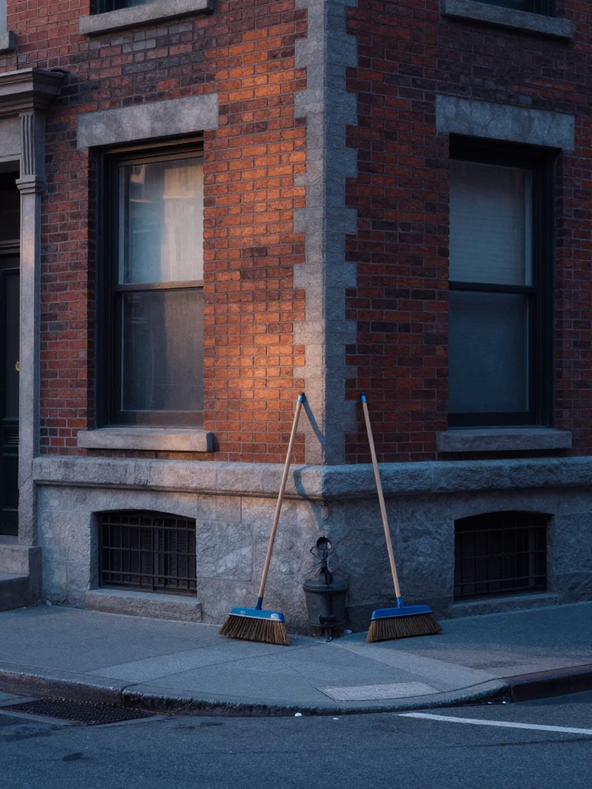 Montreal Street Scene Before Sunrise with Brooms and Morning Commuters in in Montreal, Quebec, Canada