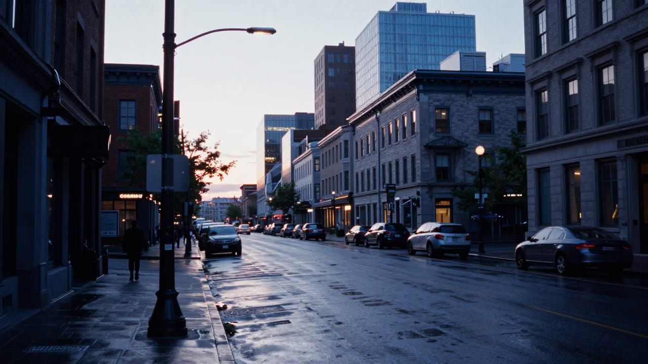 Montreal Street Scene Before Sunrise with Urban Infrastructure and Quiet Morning Light in in Montreal, Quebec, Canada