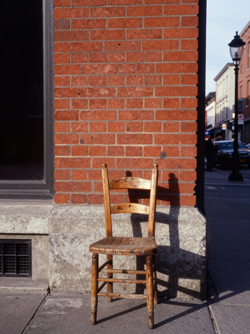 Montreal Street Scene Early Afternoon with Ladder-Back Chair and Tramcar in in Montreal, Quebec, Canada