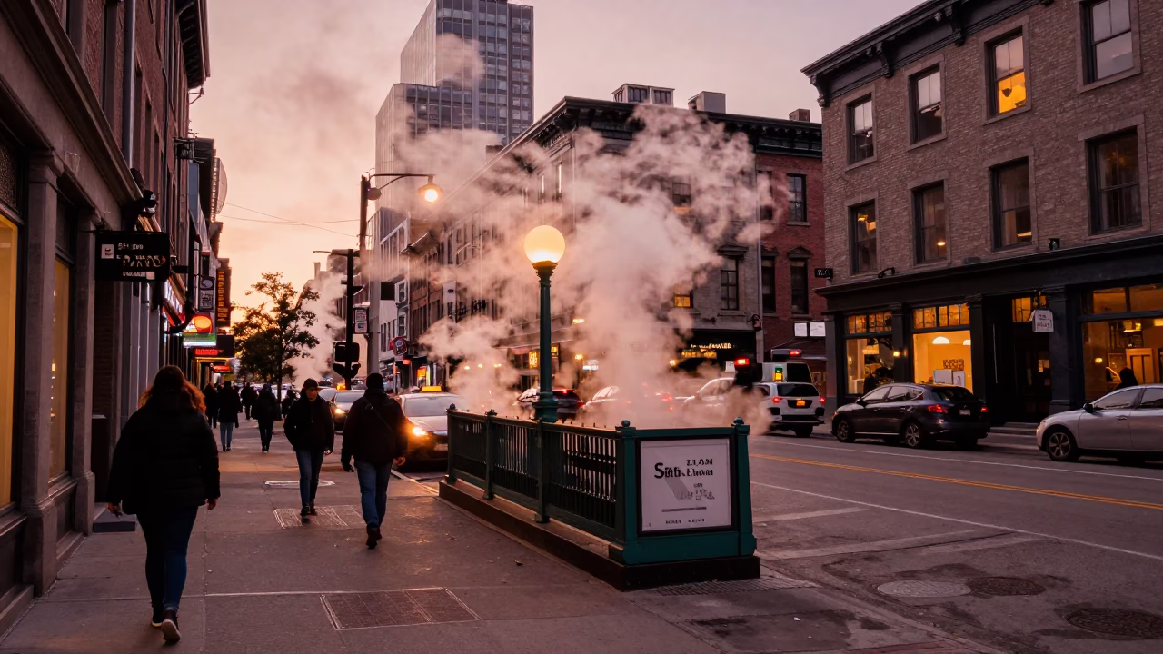 Montreal Street Scene in Copper Dusk with Steam and Urban Activity in in Montreal, Quebec, Canada