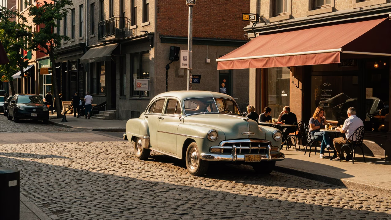 Montreal Street Scene in Honeyed Evening Light with Vintage Cars and Pedestrians in in Montreal, Quebec, Canada