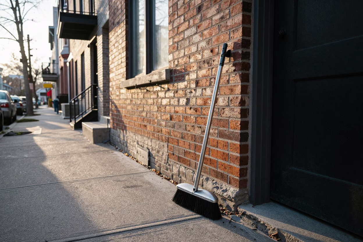 Montreal Street Scene Just After Sunrise with Coat Brush and Gate Handle in in Montreal, Quebec, Canada