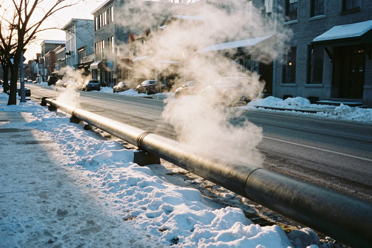 Montreal Street Scene Just After Sunrise with District Heating Pipes and Snow in in Montreal, Quebec, Canada