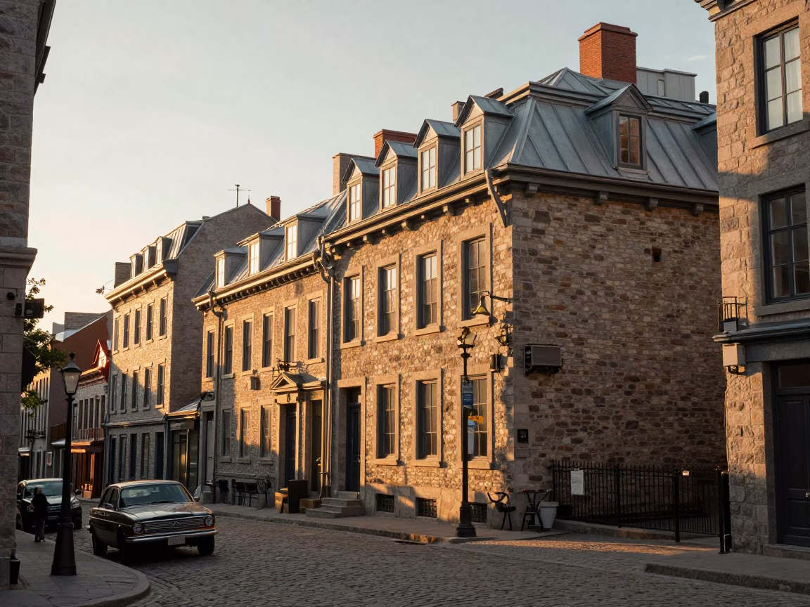 Montreal Street Scene Just After Sunrise with Vintage Architecture and Morning Light in in Montreal, Quebec, Canada