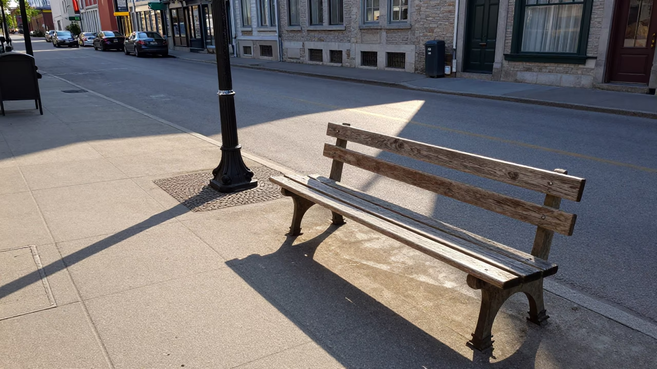 Montreal Street Scene Just After Sunrise with Wicker Shadow on Bench Slat in in Montreal, Quebec, Canada