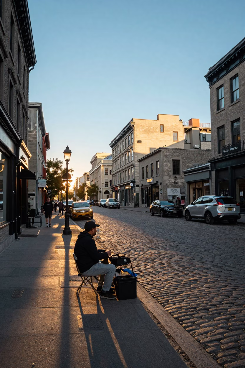 Montreal Street Scene Late Afternoon Light with Local Details and Urban Atmosphere in in Montreal, Quebec, Canada