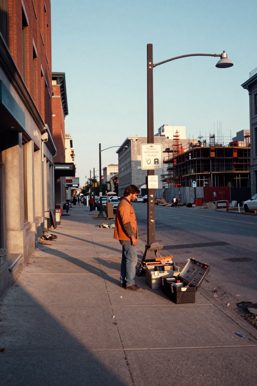 Montreal Street Scene Late Afternoon Light with Wrench and Beach Towels in in Montreal, Quebec, Canada