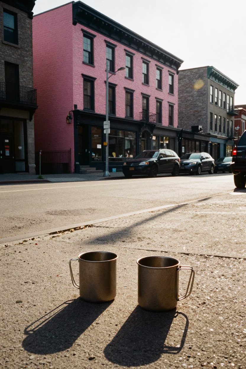 Montreal Street Scene Late Afternoon with Camping Mugs on Outdoor Cafe Table in in Montreal, Quebec, Canada
