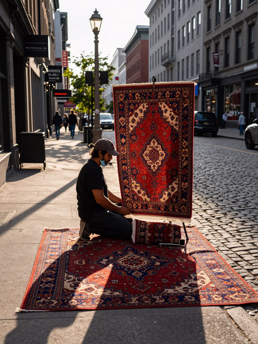 Montreal Street Scene Late Afternoon with Patterned Rug and Classic Bus in in Montreal, Quebec, Canada