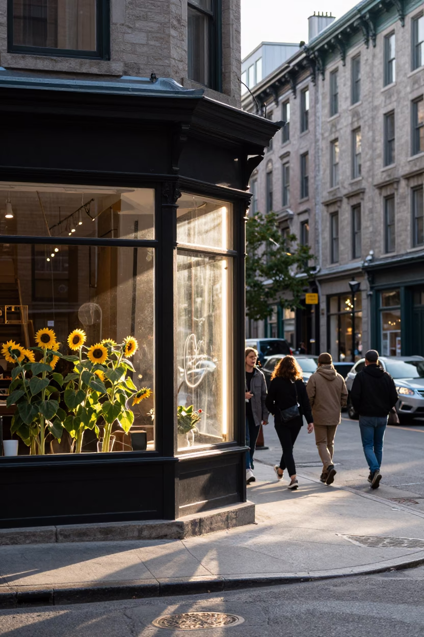 Montreal Street Scene Late Morning with Sunflowers and Sun Stripe on Doorframe in in Montreal, Quebec, Canada
