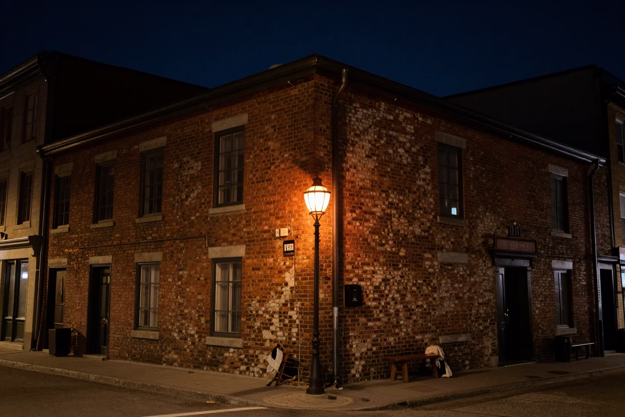 Montreal Street Scene Under Deep Night Sky With Lantern And Brushed Steel Handle in in Montreal, Quebec, Canada