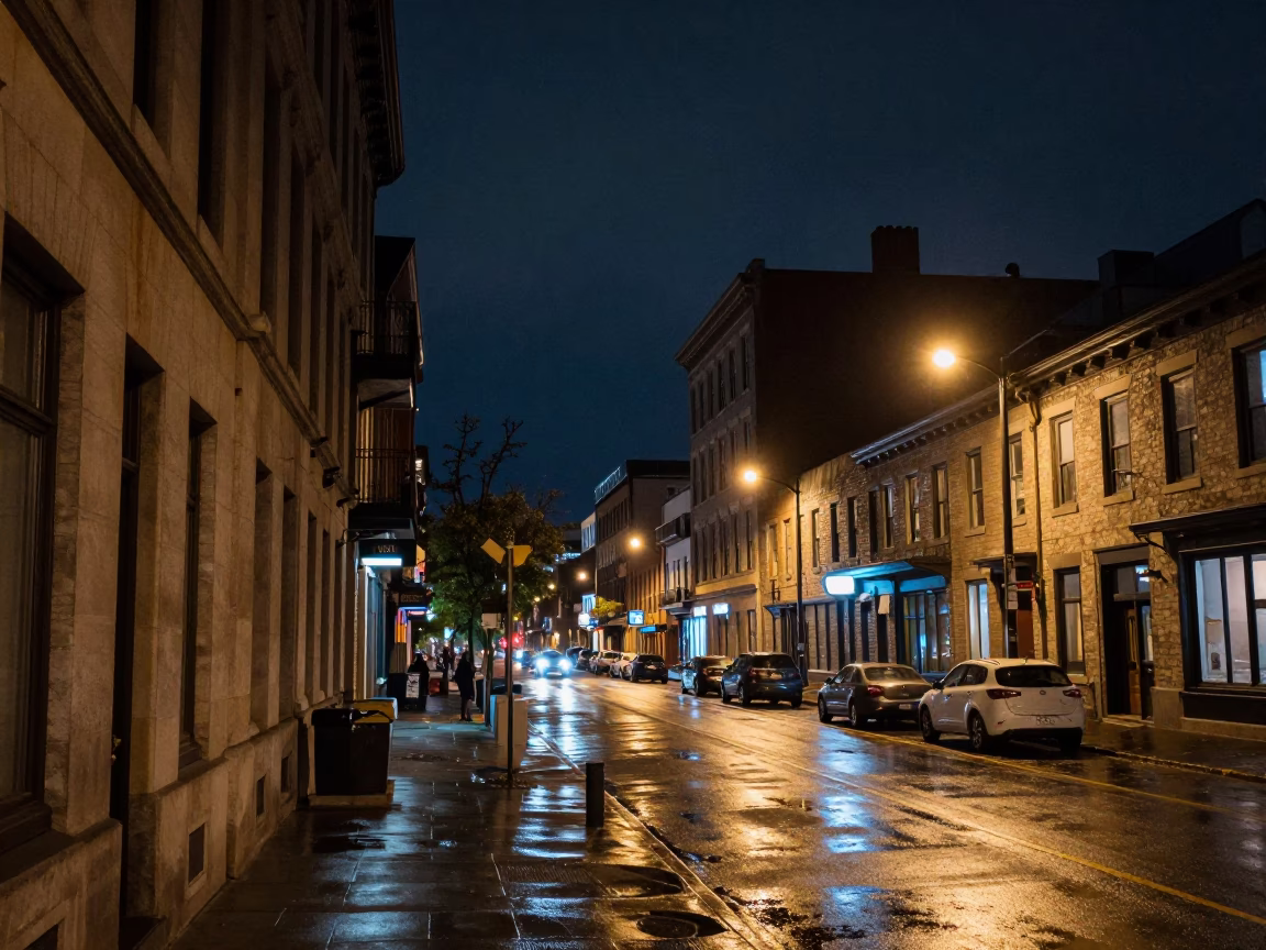 Montreal Street Scene Under Deep Night Sky With Rust Around Rail and City Lights in in Montreal, Quebec, Canada