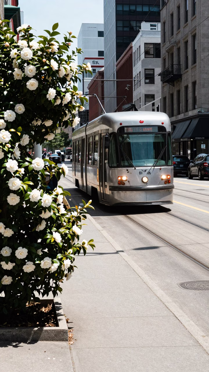 Montreal Street Scene Under Flat Noon Glare with Tramcar and Camellia in in Montreal, Quebec, Canada