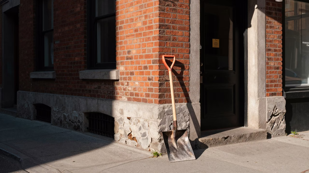 Montreal Street Scene with Ash Shovel and Urban Details in Late Afternoon Light in in Montreal, Quebec, Canada
