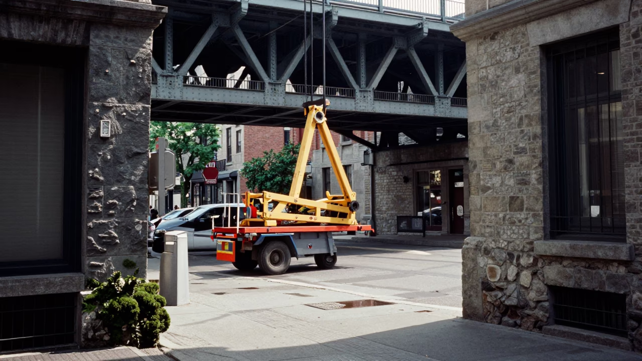 Montreal Street Scene with Bridge Maintenance Cradle and Mossy Stone Wall in in Montreal, Quebec, Canada