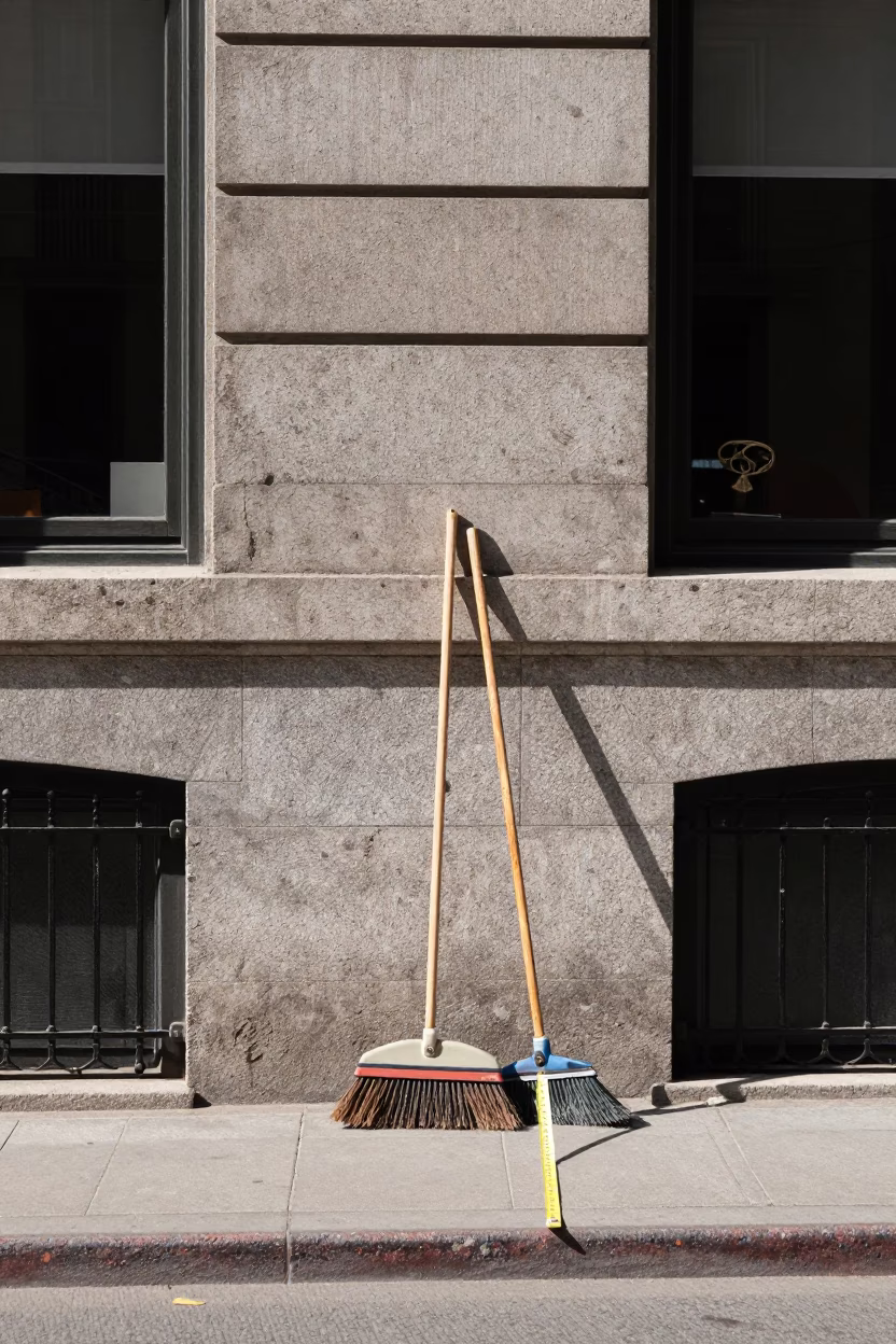 Montreal Street Scene with Brooms and Measuring Tapes in Bright Midmorning Light in in Montreal, Quebec, Canada