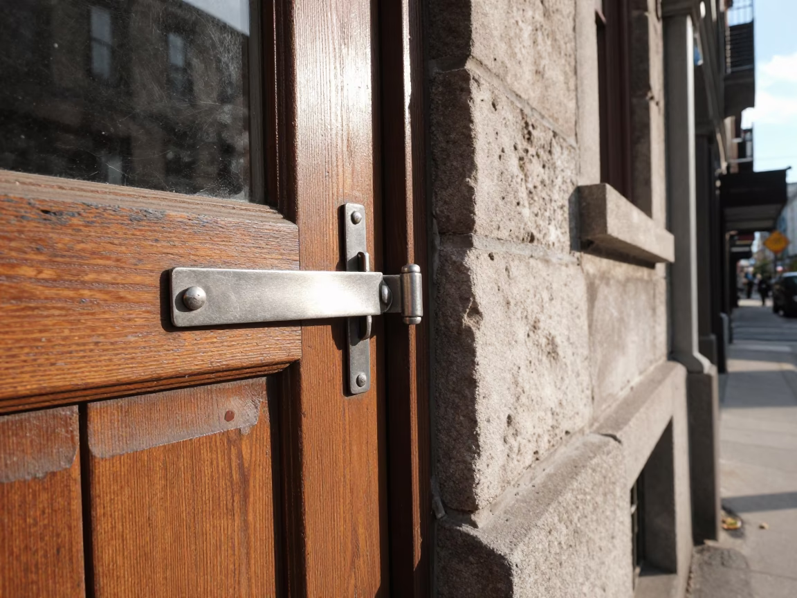 Montreal Street Scene with Brushed Steel Latch and Urban Details in Early Afternoon Light in in Montreal, Quebec, Canada