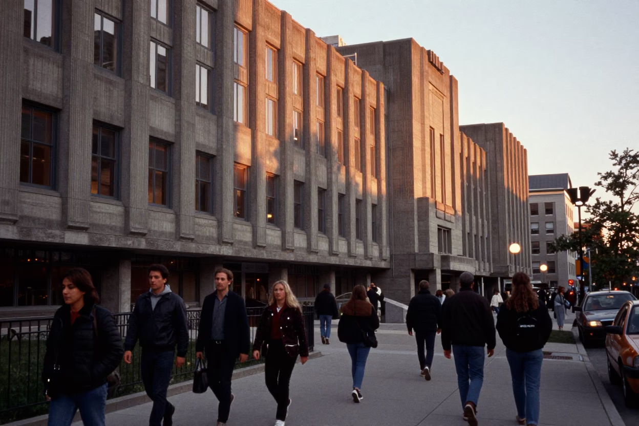 Montreal Street Scene with Concrete Brutalist Architecture and Evening Light in in Montreal, Quebec, Canada