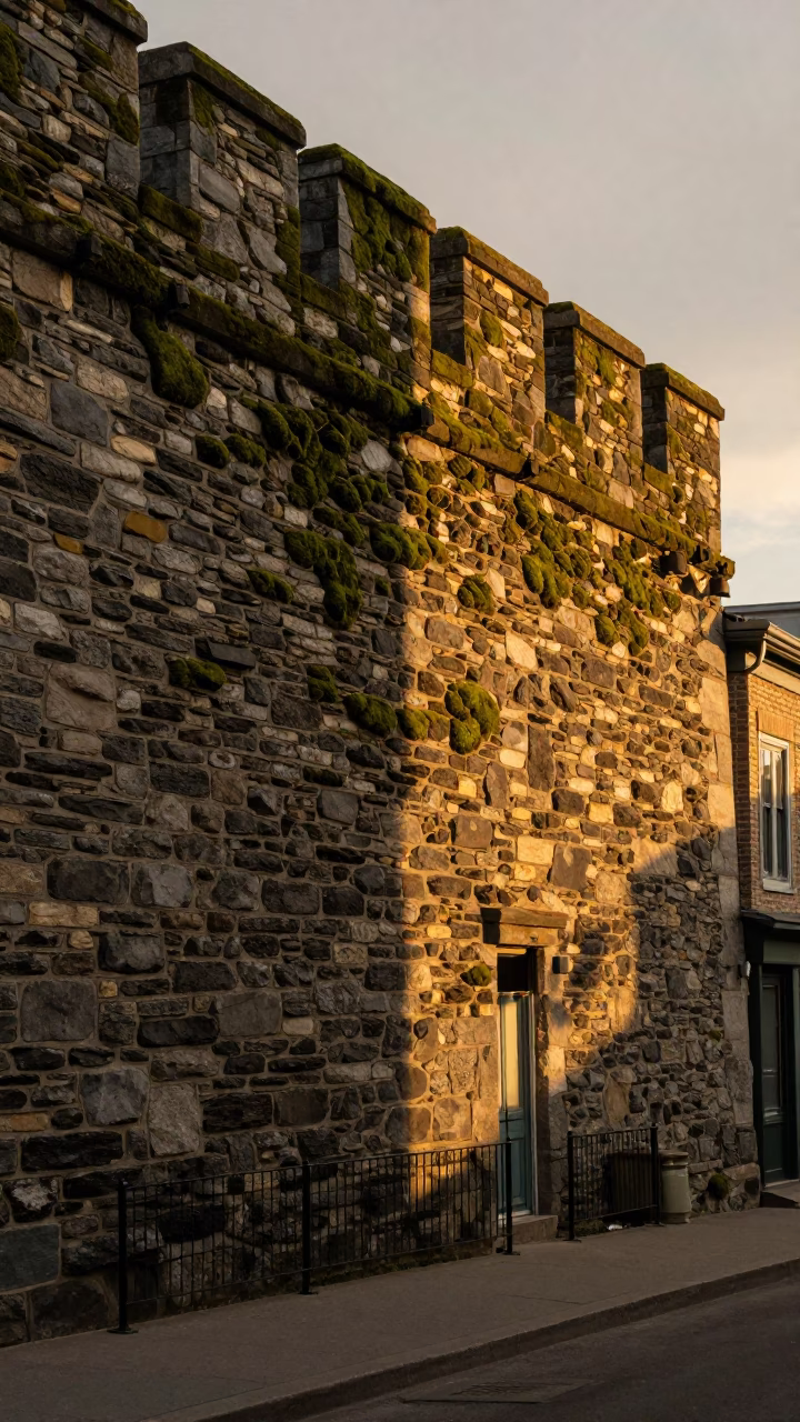 Montreal Street Scene with Mossy Stone Wall and Evening Light in Quebec Canada in in Montreal, Quebec, Canada