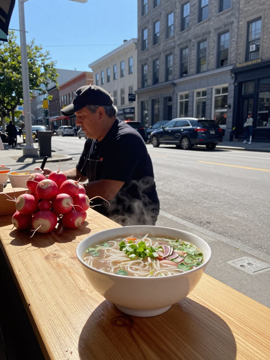 Montreal Street Scene with Phoebo and Radishes Under Noon Sun in in Montreal, Quebec, Canada