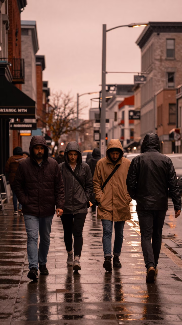 Montreal Street Scene with Raincoats in Copper Dusk Light Before Dusk in in Montreal, Quebec, Canada