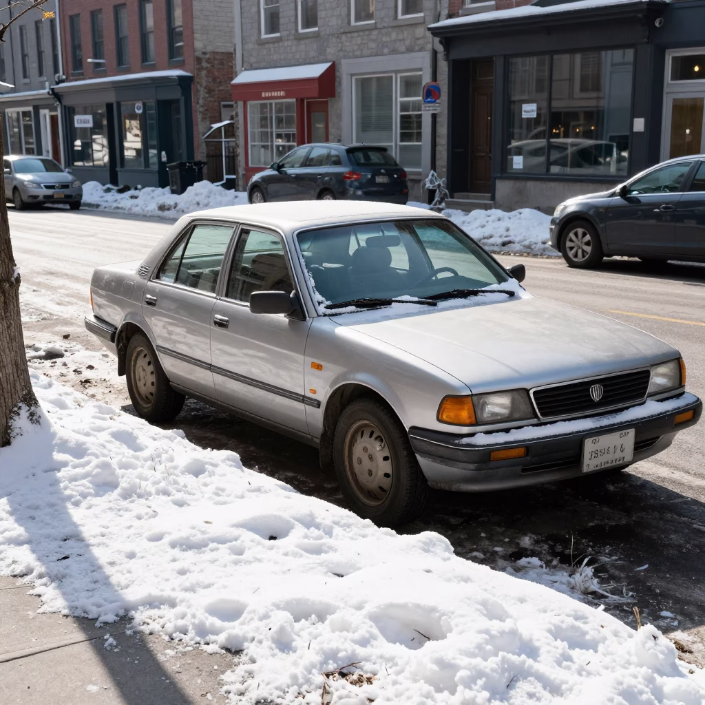 Montreal Street Scene with Vintage Car and Snowy Sidewalk in Bright Midmorning Light in in Montreal, Quebec, Canada