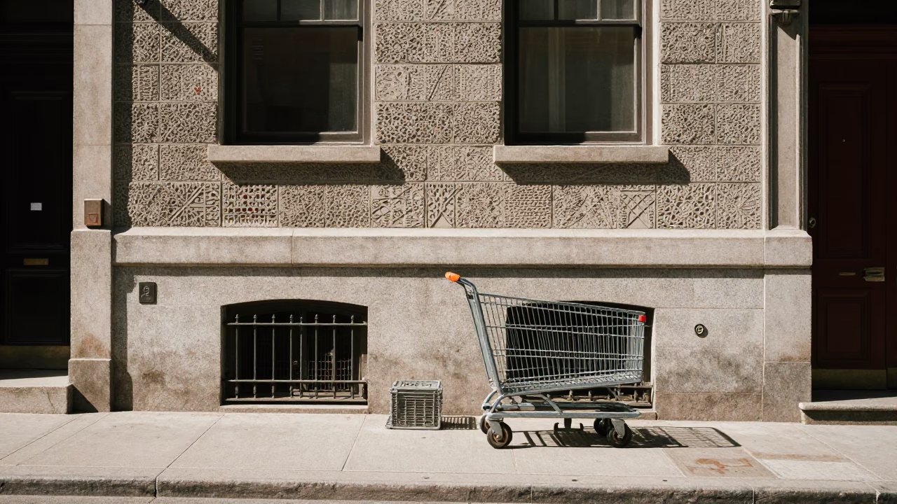 Montreal Street Scene with Vintage Grocery Cart and Urban Architecture in in Montreal, Quebec, Canada