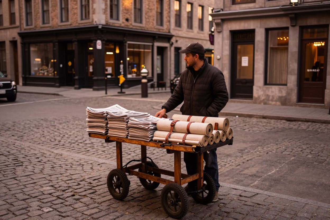 Montreal Street Vendor at Copper-toned Light Before Dusk in in Montreal, Quebec, Canada