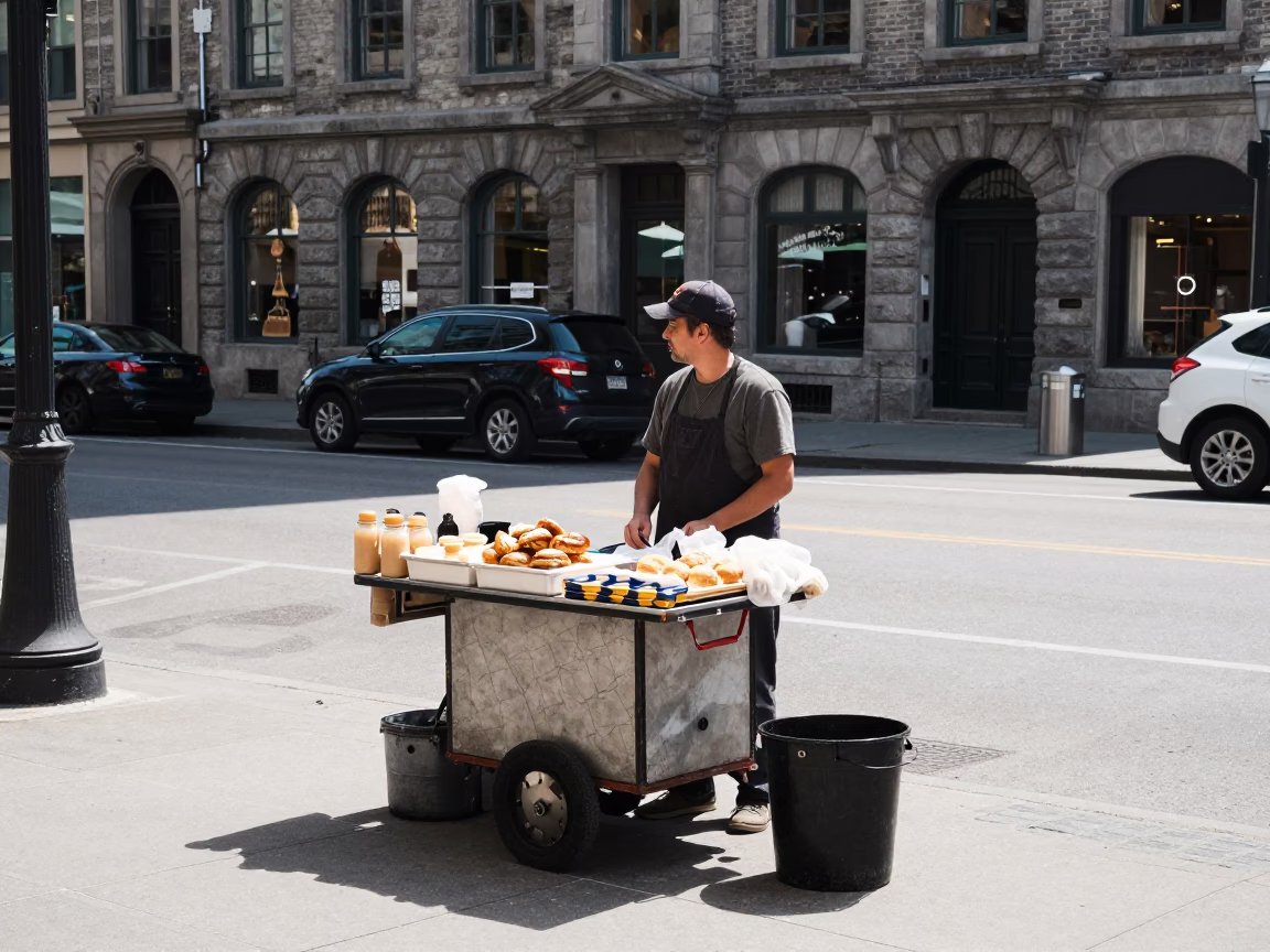 Montreal Street Vendor Selling Pastries and Tools on Busy Sidewalk in in Montreal, Quebec, Canada
