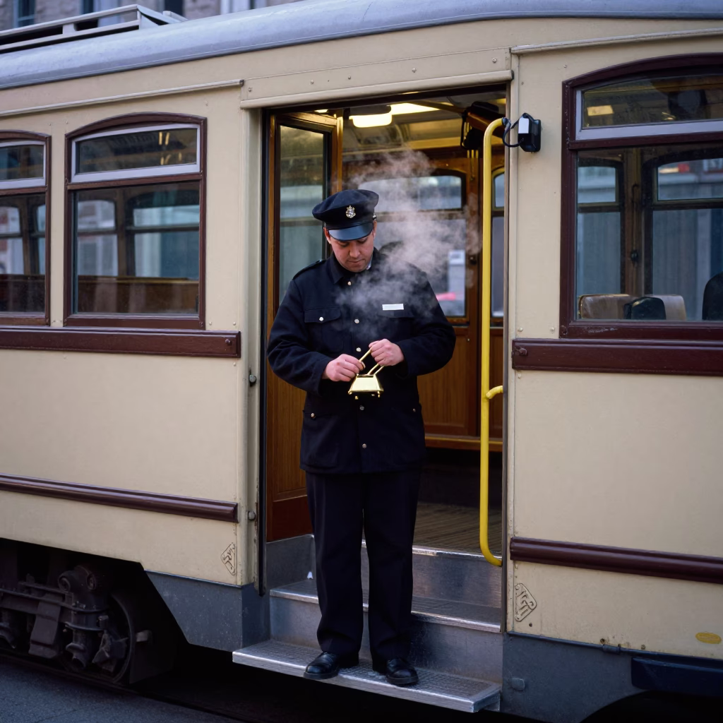 Montreal streetcar conductor at dawn with vintage ticket punch and wet cobblestones in in Montreal, Quebec, Canada