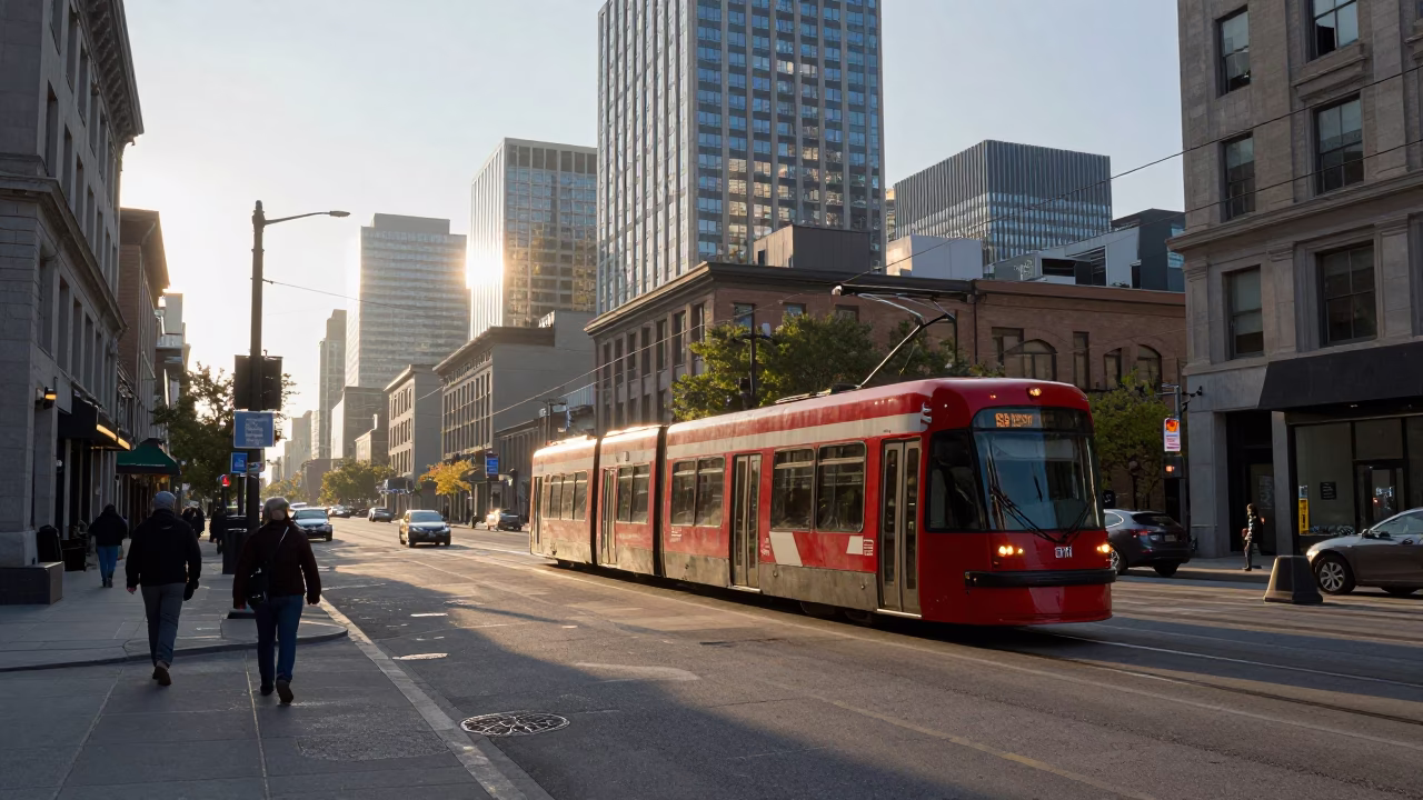 Montreal Sunrise Street Scene with Tram and Early Commuters in in Montreal, Quebec, Canada