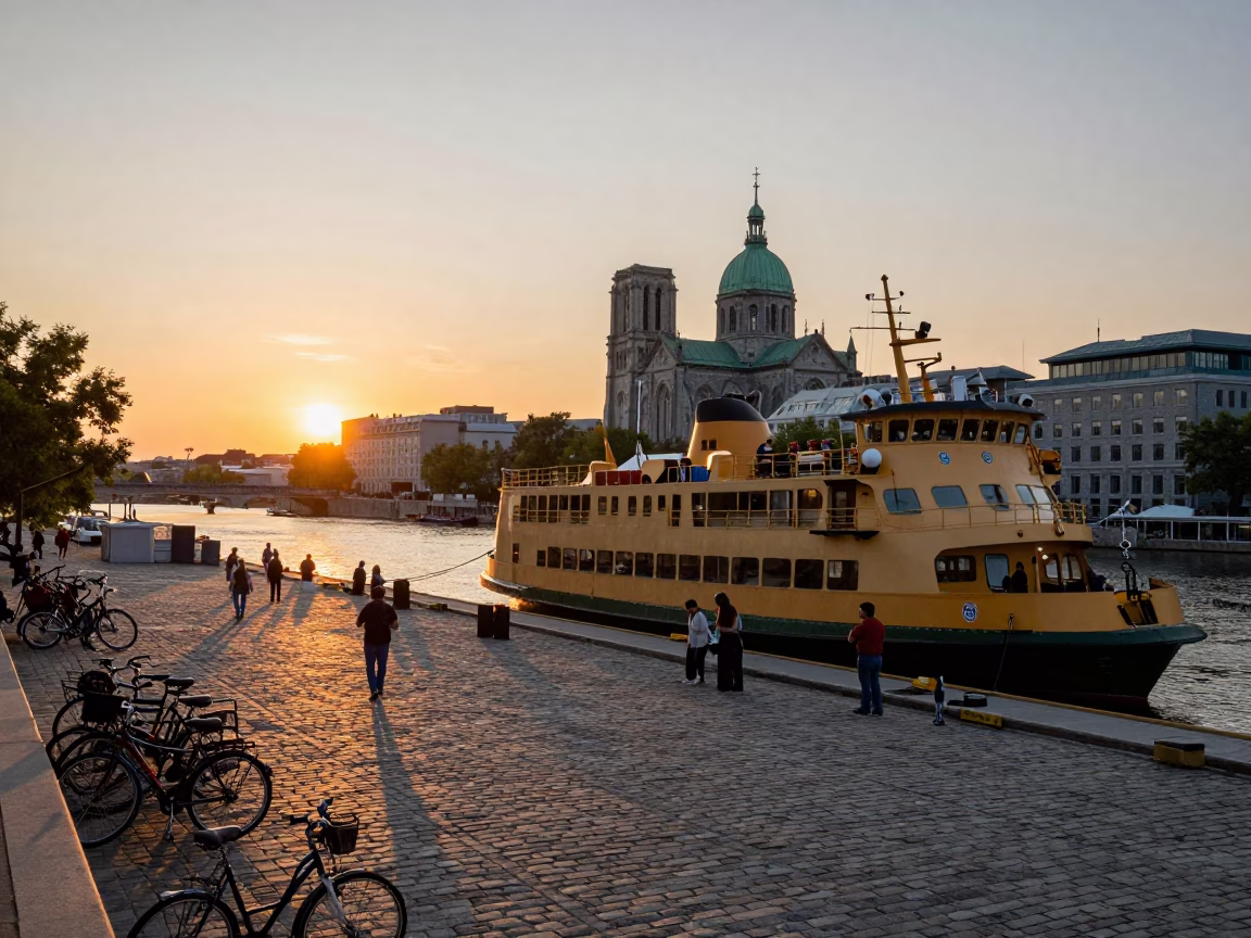 Montreal Sunset Ferry Loading Passengers and Bicycles at Old Port in in Montreal, Quebec, Canada