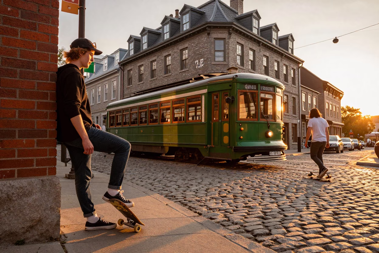 Montreal Sunset Heritage Tram on Cobblestone Street with Skateboarder in in Montreal, Quebec, Canada