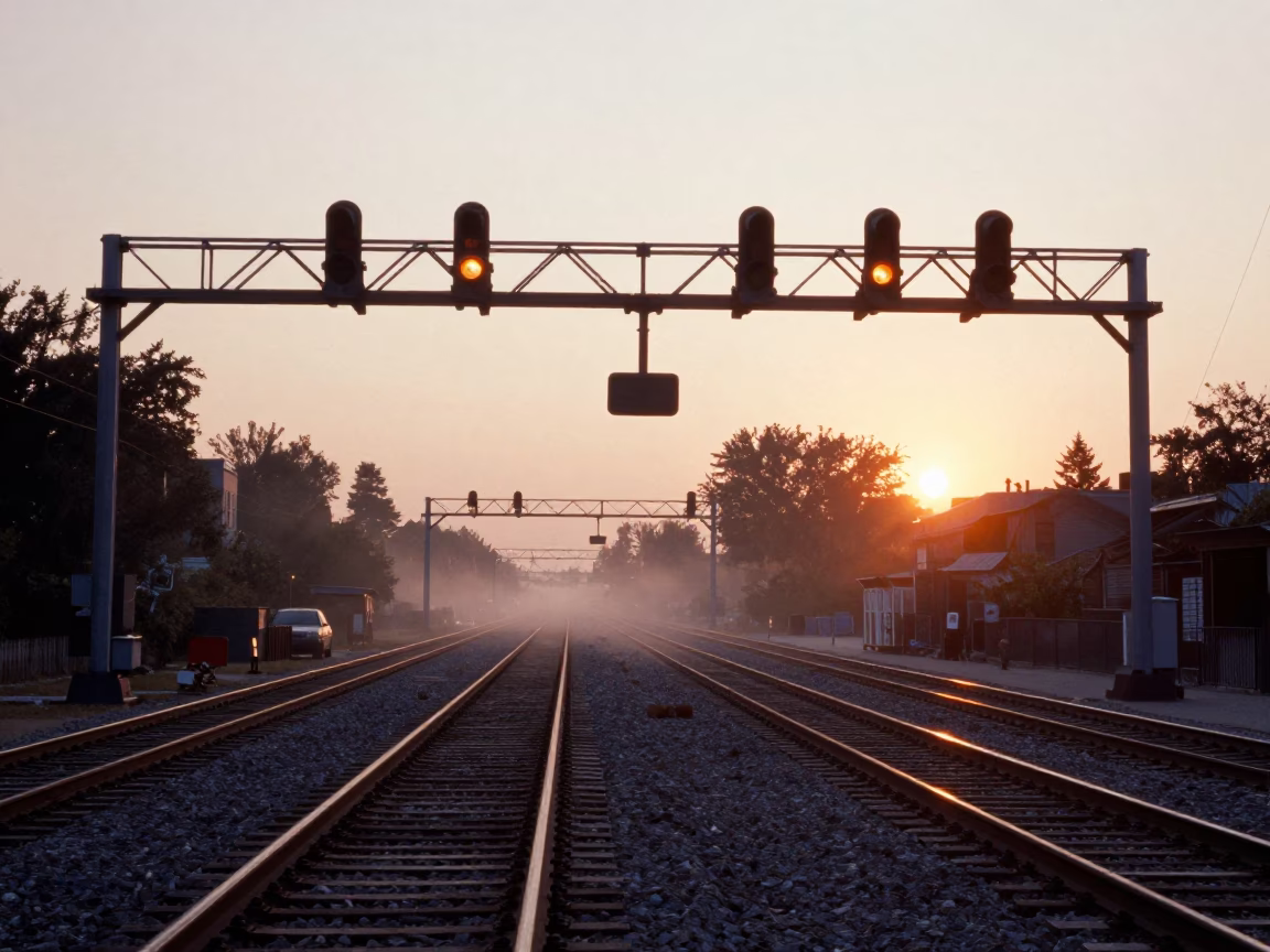 Montreal Sunset Signal Gantry Above Parallel Rail Lines in Mist in in Montreal, Quebec, Canada