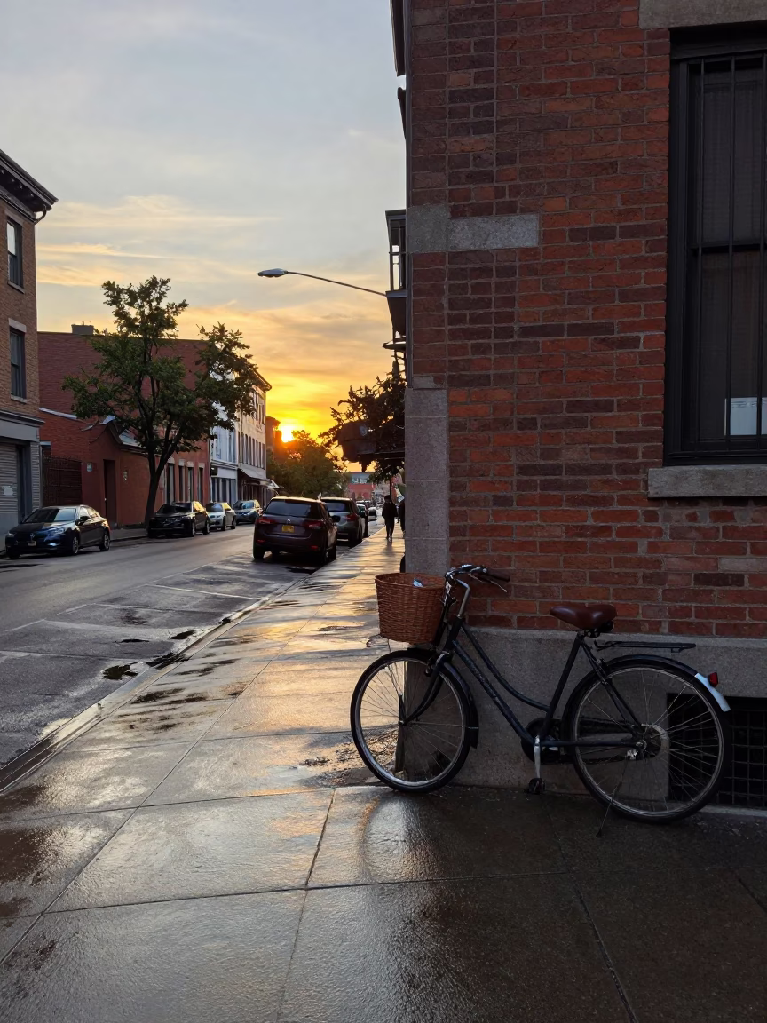 Montreal Sunset Street Scene with Bicycle Basket and Urban Architecture in in Montreal, Quebec, Canada