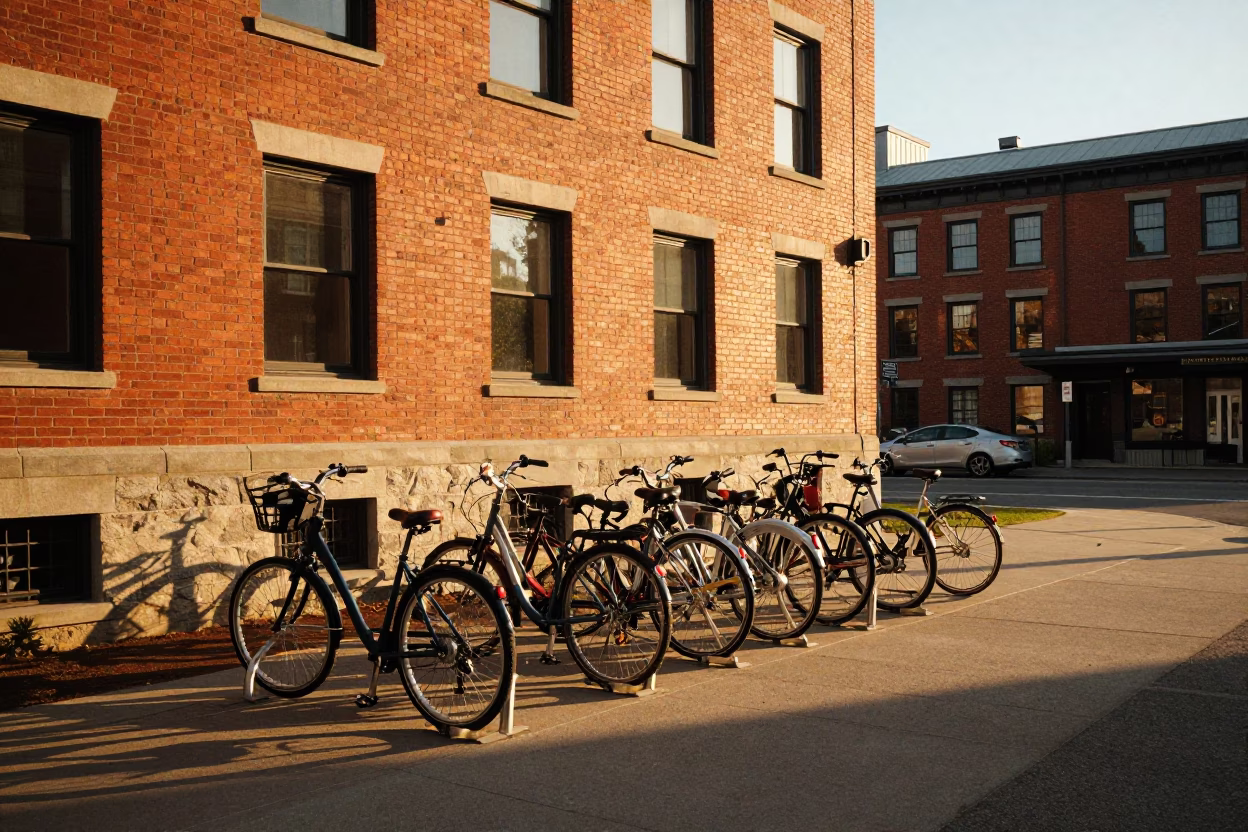 Montreal Sunset Street Scene with Campus Bicycle Rack and Brick Building in in Montreal, Quebec, Canada