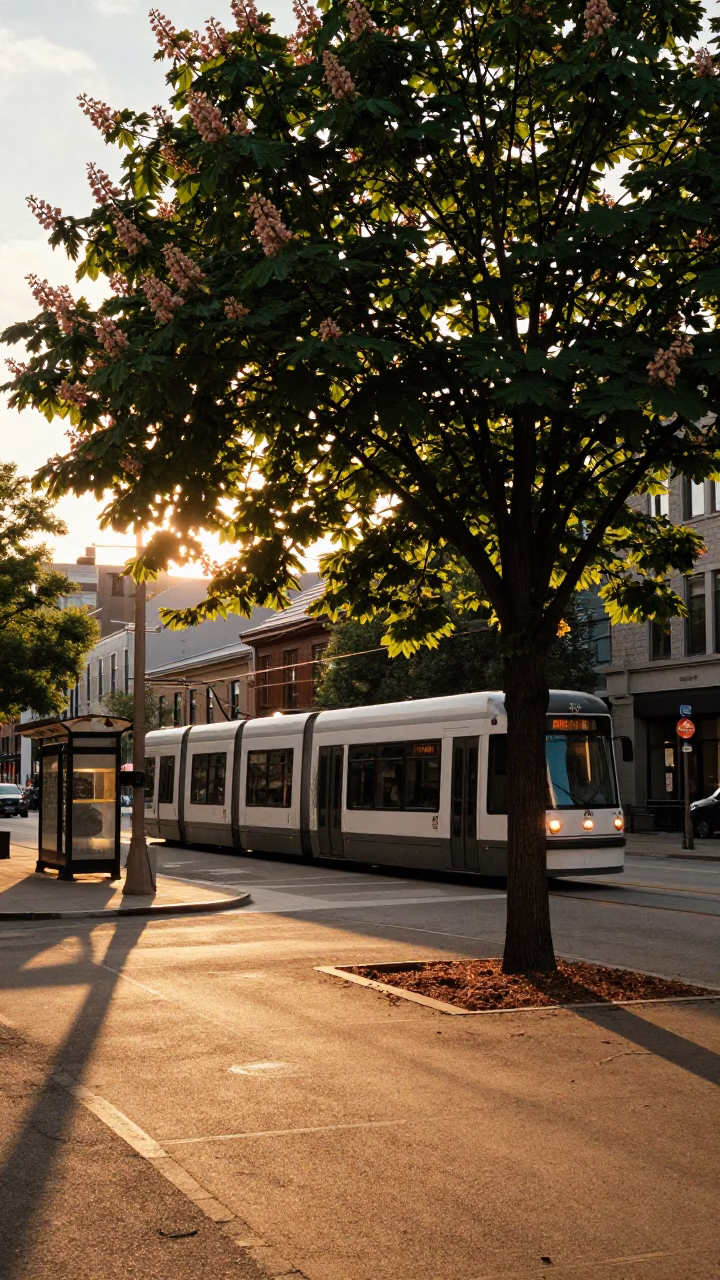 Montreal Sunset Street Scene with Chestnut Tree Husks and Tram Stop in in Montreal, Quebec, Canada