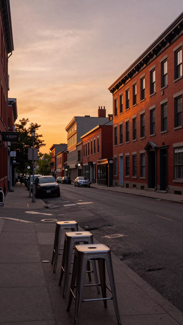 Montreal Sunset Street Scene with Metal Stools and Urban Life in in Montreal, Quebec, Canada