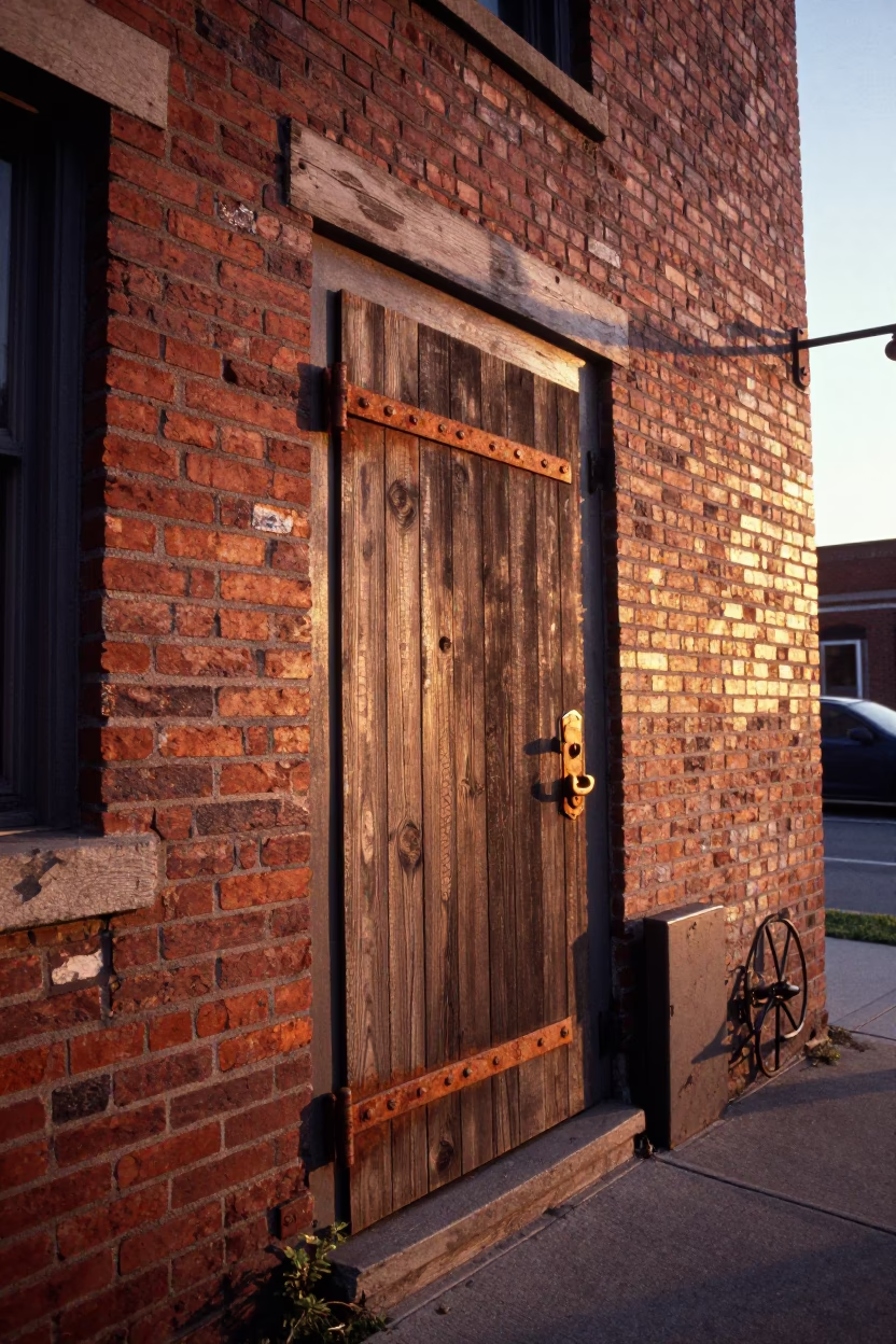 Montreal Sunset Street Scene with Rusty Hinge and Paint Flecks on Urban Facade in in Montreal, Quebec, Canada