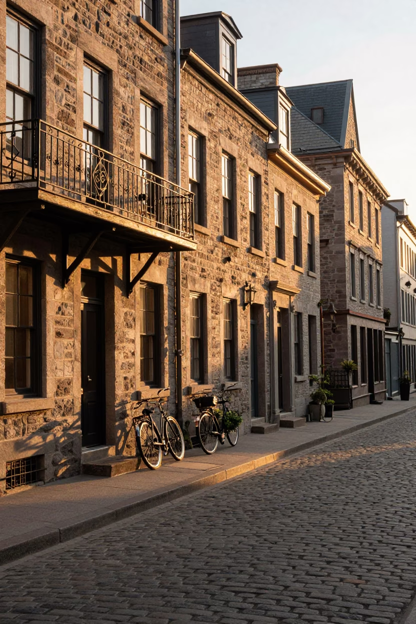 Montreal Sunset Street Scene with Vintage Bicycle and Urban Architecture in in Montreal, Quebec, Canada